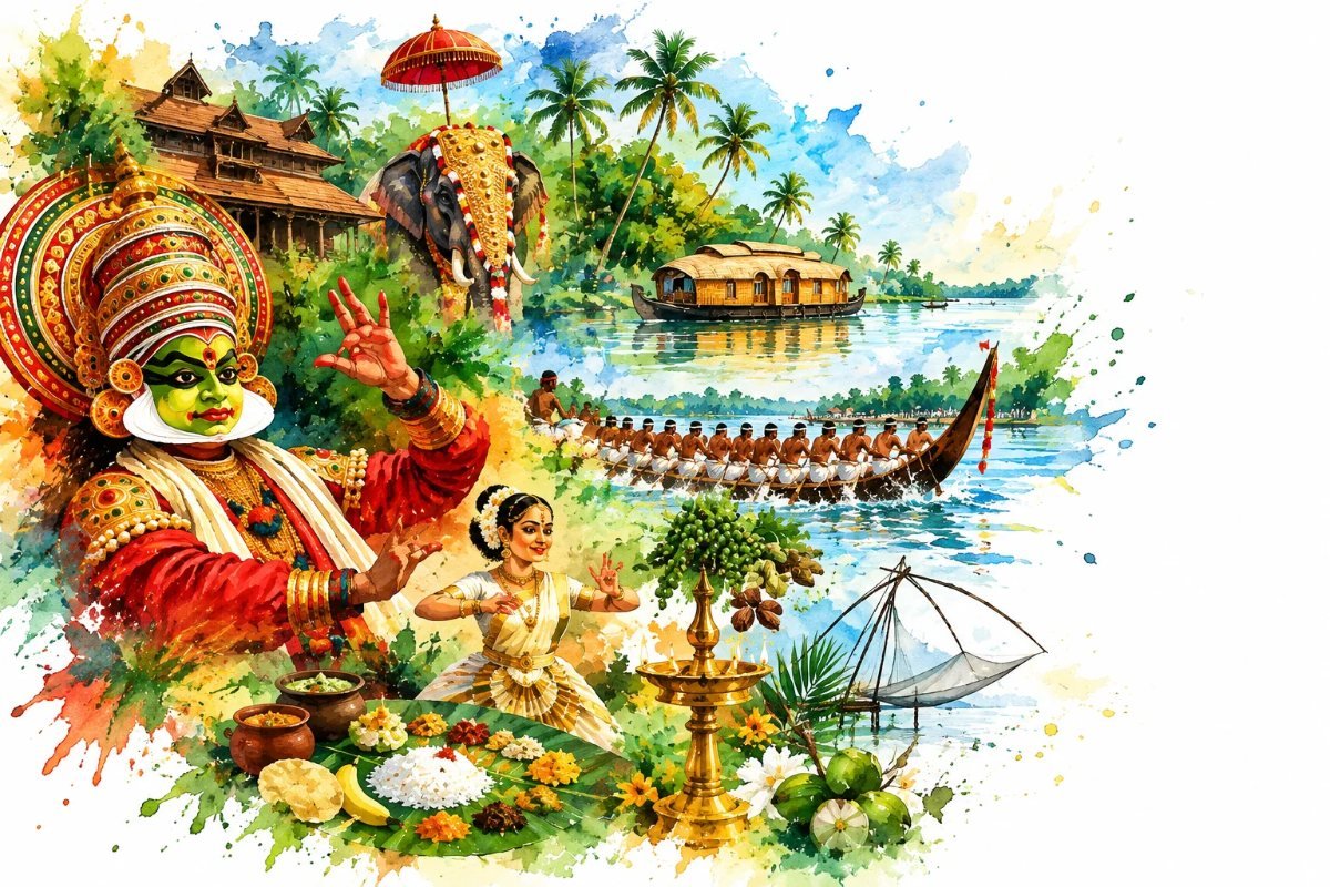 Kerala culture watercolour – Kathakali, Mohiniyattam, snake boat race, houseboat and Onam sadya